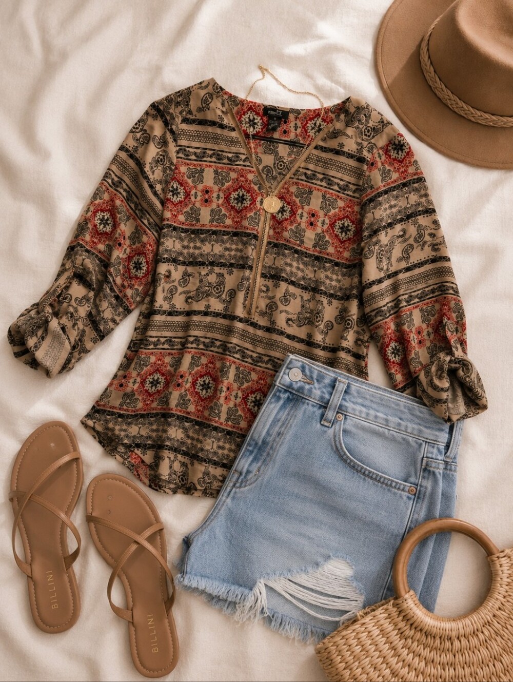 Boho Paisley Zip-Front Blouse | Lightweight Bohemian Top | Beige & Coral Print